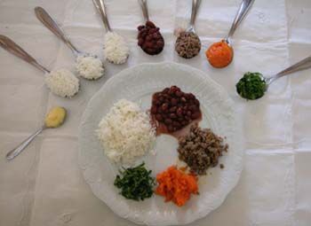 Prato com porções de arroz, feijão, carne e verduras