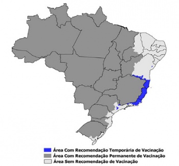 Mapa com áreas de risco para febre amarela