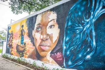 Grafite do Projeto "Conexões" no muro da Praça do Cauê - Parceria Organização Médicos Sem Fronteiras com apoio do projeto "A Arte é Nossa