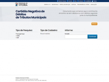 Tela do Sistema de Certidão Negativa de Débitos de Tributos Municipais