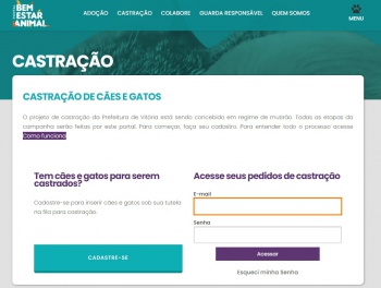 Cadastro para castração no Portal Bem-Estar Animal