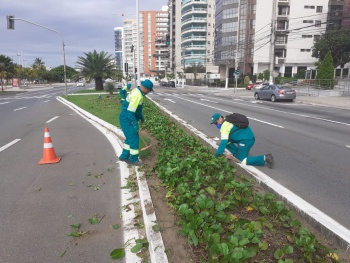 Trabalhadores fazem a manutenção de canteiros na cidade para evitar que locais se tornem pontos de descarte irregular de lixo