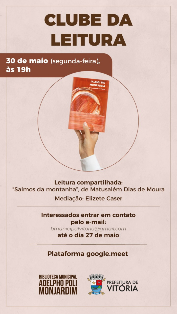 Livro do mês será "Salmos da Montanha" de Matusalém Dias de Moura.