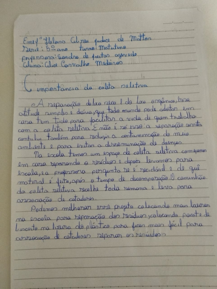 Redação escrita por Alice Carvalho, da Emef Heloísa Abreu, para o concurso da Marca Ambiental