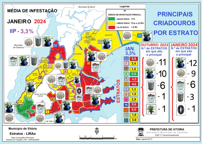 Mapa do LIRAa Janeiro de 2024 com principais criadouros do mosquito