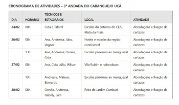 Cronograma de Atividades - 3º Andada do caranguejo Uçá
