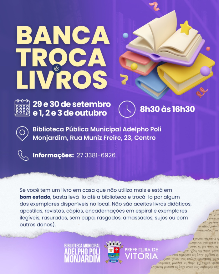 Troca de livros é feita gratuitamente.