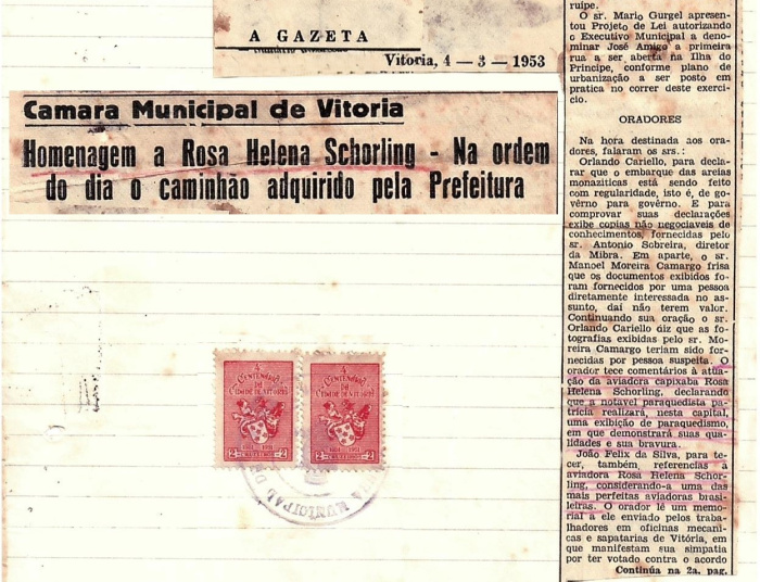Homenagem da Câmara Municipal de Vitória à Rosita Schorling em 1953