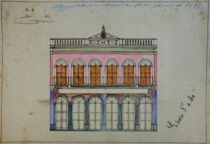 Planta de fachada de imóvel de uso residencial e comercial, aprovada em 1898.